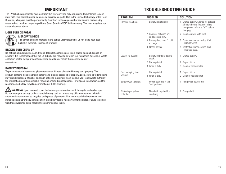Troubleshooting guide, Important | Guardian Technologies GGH200 User Manual | Page 5 / 6