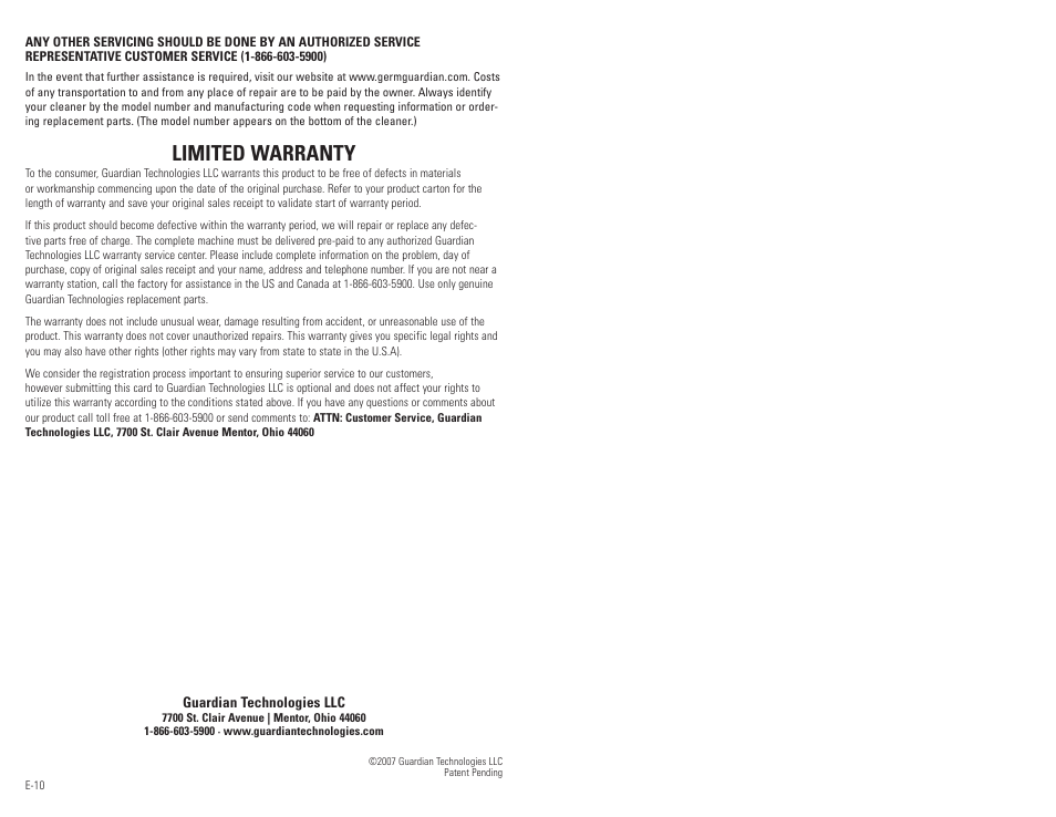 Limited warranty | Guardian Technologies GGH200 User Manual | Page 6 / 6