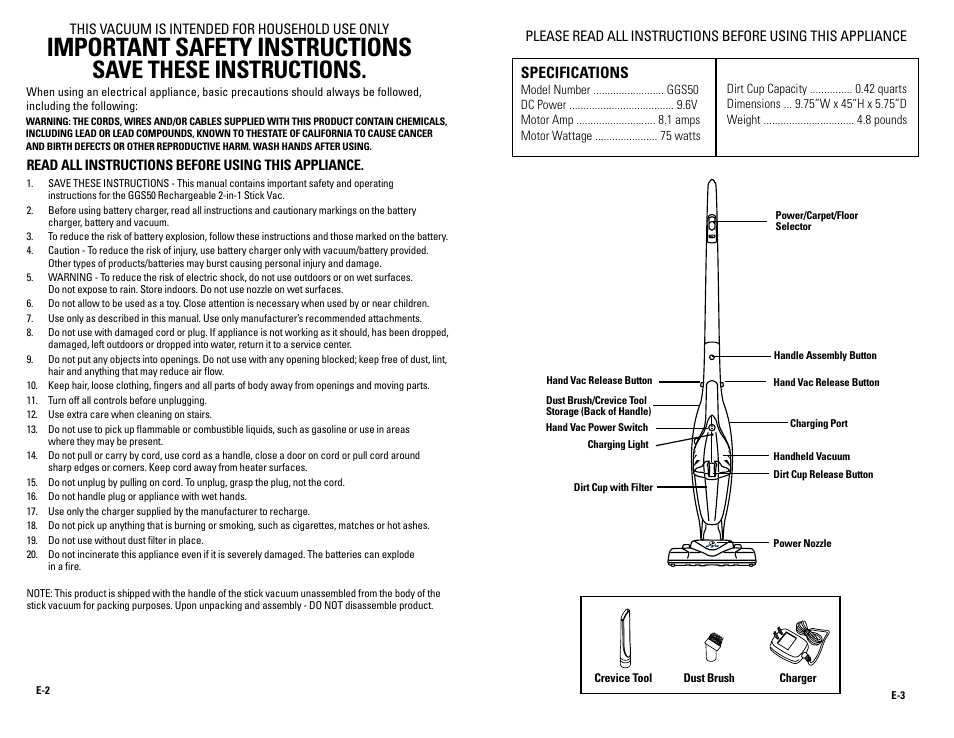 Important safety instructions, Save these instructions, Specifications | Guardian Technologies GGS50 User Manual | Page 2 / 5