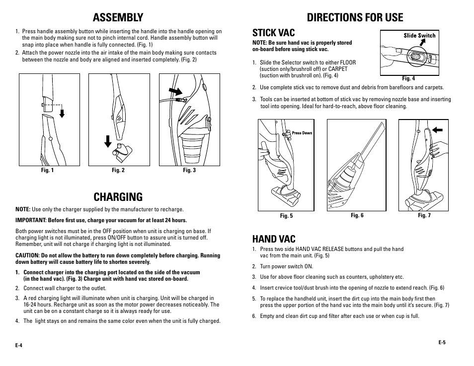 Assembly, Charging, Directions for use | Stick vac, Hand vac | Guardian Technologies GGS50 User Manual | Page 3 / 5