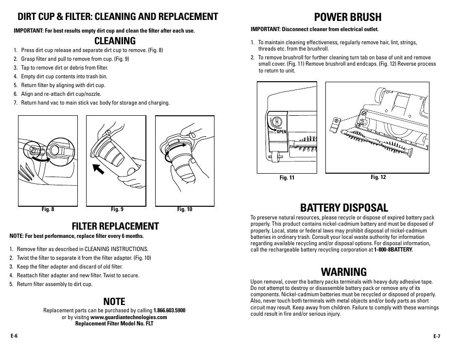 Power brush, Battery disposal, Warning | Dirt cup & filter: cleaning and replacement, Cleaning filter replacement | Guardian Technologies GGS50 User Manual | Page 4 / 5