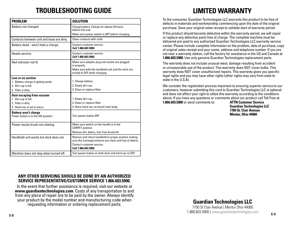 Troubleshooting guide, Limited warranty, Guardian technologies llc | Guardian Technologies GGS50 User Manual | Page 5 / 5