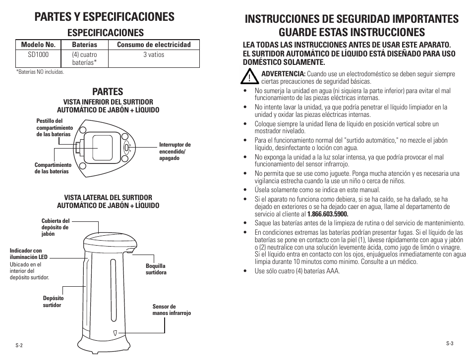 Partes y especificaciones, Especificaciones, Partes | Guardian Technologies SD1000 User Manual | Page 10 / 12