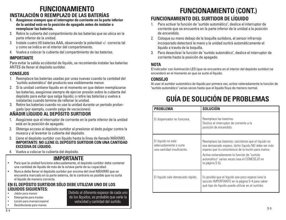 Funcionamiento, Funcionamiento (cont.), Guía de solución de problemas | Importante, Instalación o reemplazo de las baterías, Funcionamiento del surtidor de líquido | Guardian Technologies SD1000 User Manual | Page 11 / 12