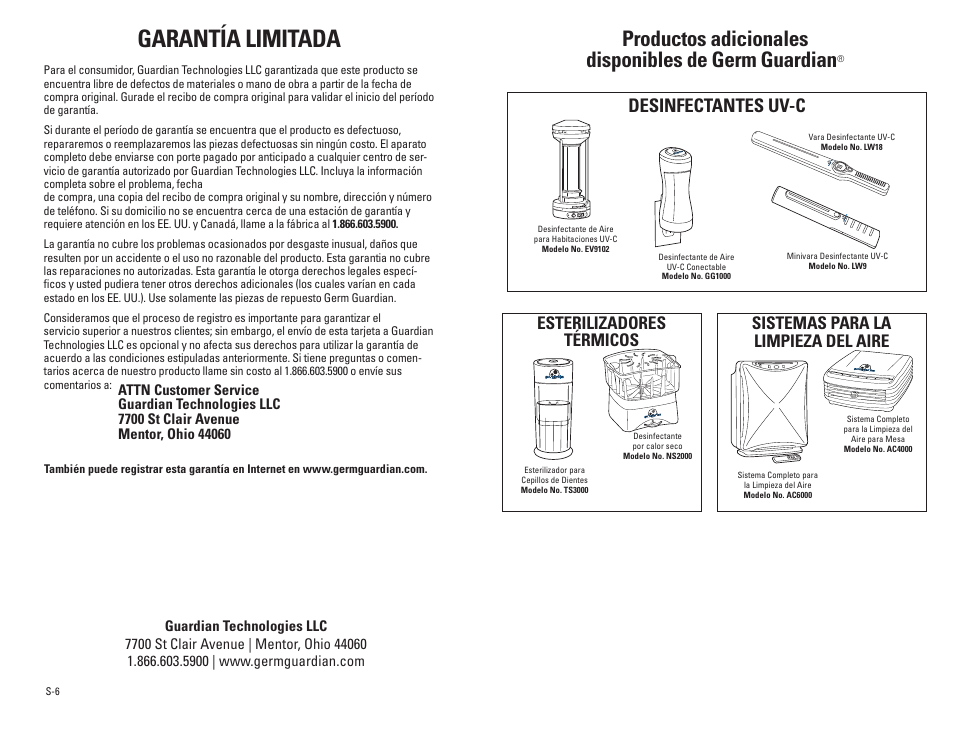 Garantía limitada, Productos adicionales disponibles de germ guardian, Desinfectantes uv-c | Esterilizadores térmicos, Sistemas para la limpieza del aire | Guardian Technologies SD1000 User Manual | Page 12 / 12