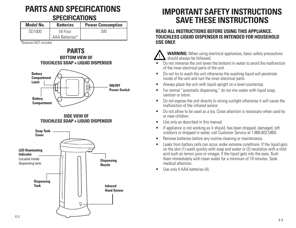 Parts and specifications, Specifications, Parts | Guardian Technologies SD1000 User Manual | Page 2 / 12