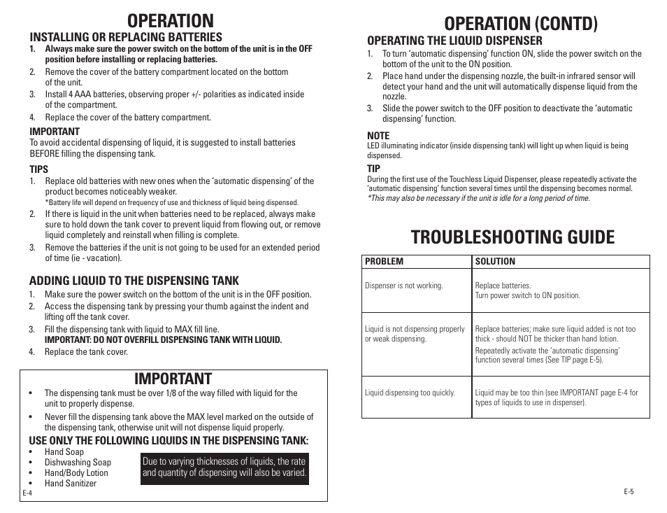 Operation, Operation (contd), Troubleshooting guide | Important, Operating the liquid dispenser | Guardian Technologies SD1000 User Manual | Page 3 / 12