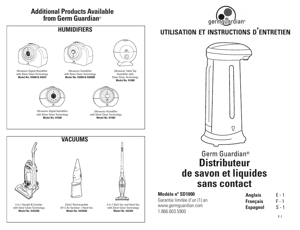 Distributeur de savon et liquides sans contact, Additional products available from germ guardian, Utilisation | Instructions, Entretien, Humidifiers vacuums | Guardian Technologies SD1000 User Manual | Page 5 / 12