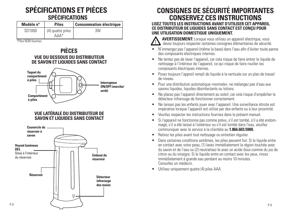 Spécifications et pièces, Spécifications, Pièces | Guardian Technologies SD1000 User Manual | Page 6 / 12