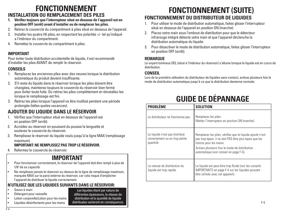 Fonctionnement, Fonctionnement (suite), Guide de dépannage | Important, Fonctionnement du distributeur de liquides | Guardian Technologies SD1000 User Manual | Page 7 / 12