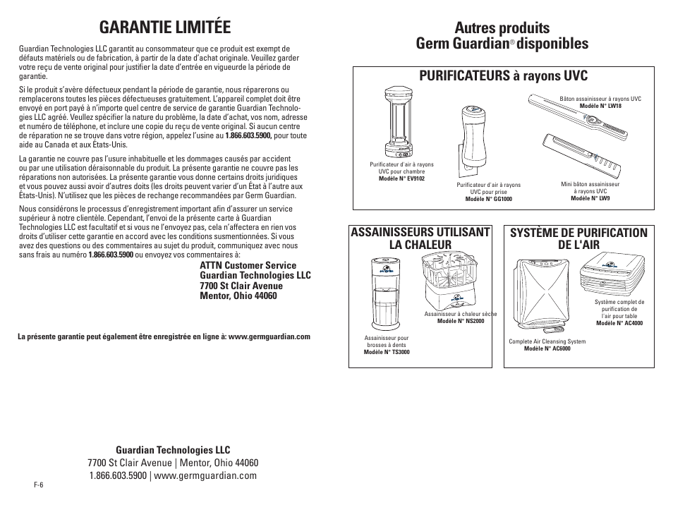 Garantie limitée, Autres produits germ guardian, Disponibles | Purificateurs à rayons uvc, Assainisseurs utilisant la chaleur, Système de purification de l'air | Guardian Technologies SD1000 User Manual | Page 8 / 12