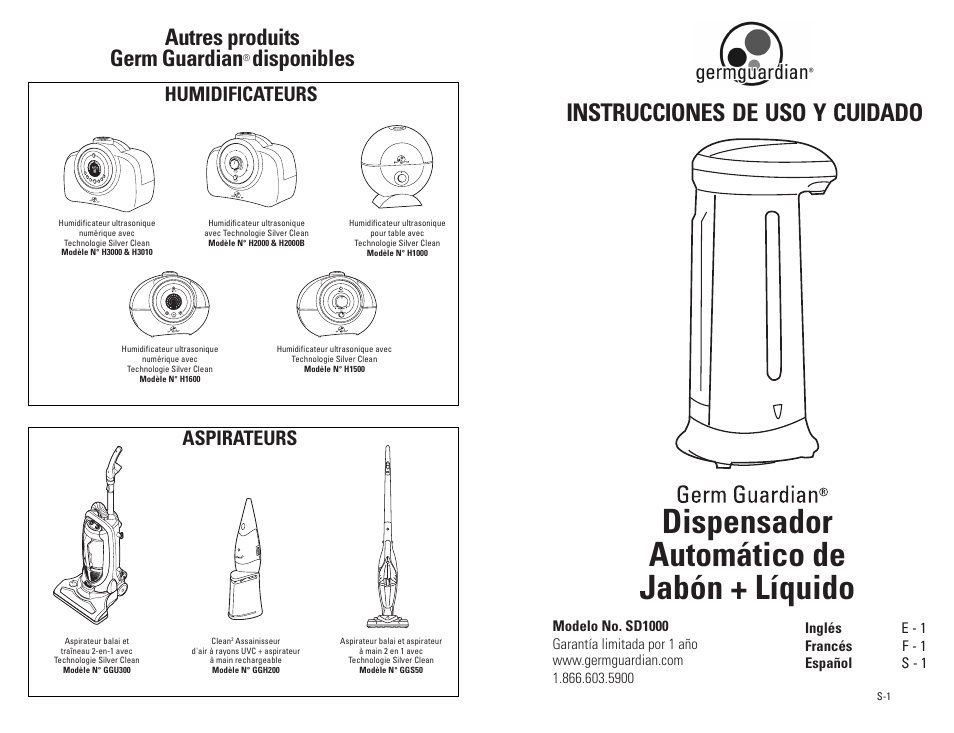 Dispensador automático de jabón + líquido, Instrucciones, Cuidado | Autres produits germ guardian, Disponibles, Humidificateurs aspirateurs | Guardian Technologies SD1000 User Manual | Page 9 / 12