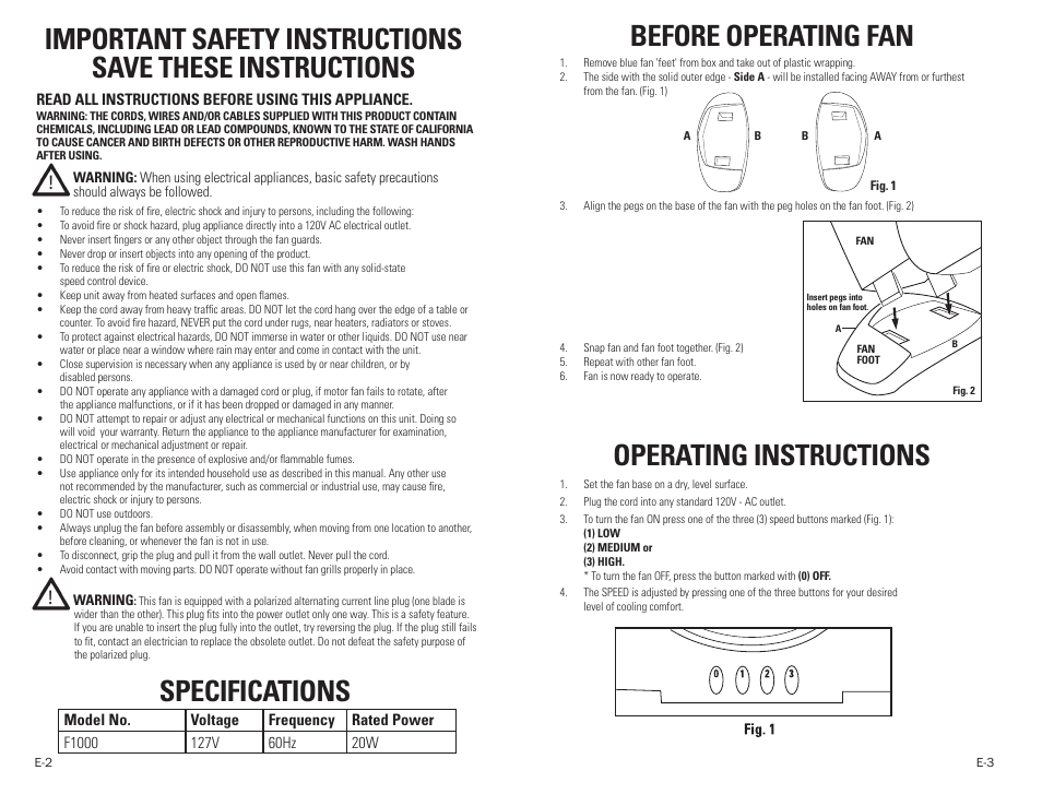 Specifications operating instructions, Before operating fan | Guardian Technologies F1000 User Manual | Page 2 / 9