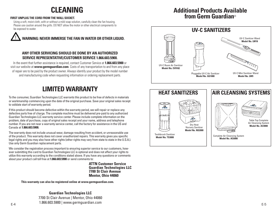 Cleaning, Limited warranty, Additional products available from germ guardian | Heat sanitizers, Air cleansing systems uv-c sanitizers | Guardian Technologies F1000 User Manual | Page 3 / 9