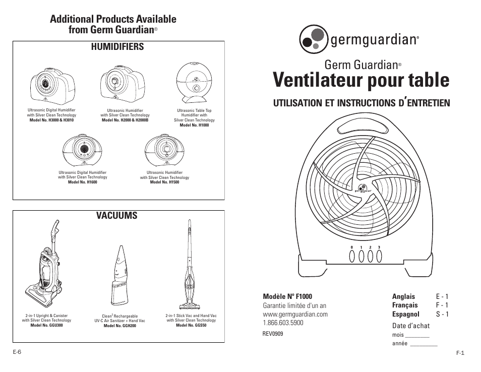 Ventilateur pour table, Germ guardian, Additional products available from germ guardian | Humidifiers vacuums, Utilisation, Instructions, Entretien | Guardian Technologies F1000 User Manual | Page 4 / 9