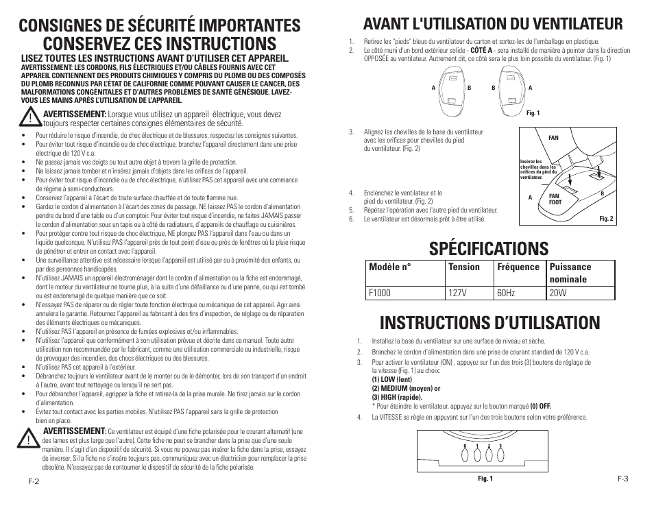 Instructions d’utilisation, Conservez ces instructions, Spécifications | Consignes de sécurité importantes, Avant l'utilisation du ventilateur | Guardian Technologies F1000 User Manual | Page 5 / 9