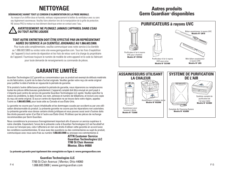 Nettoyage, Garantie limitée, Autres produits germ guardian | Disponibles, Purificateurs à rayons uvc, Assainisseurs utilisant la chaleur, Système de purification de l'air | Guardian Technologies F1000 User Manual | Page 6 / 9