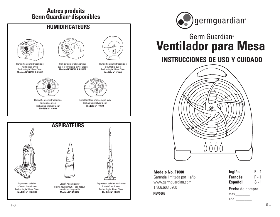 Ventilador para mesa, Germ guardian, Instrucciones | Cuidado, Autres produits germ guardian, Disponibles, Humidificateurs aspirateurs | Guardian Technologies F1000 User Manual | Page 7 / 9
