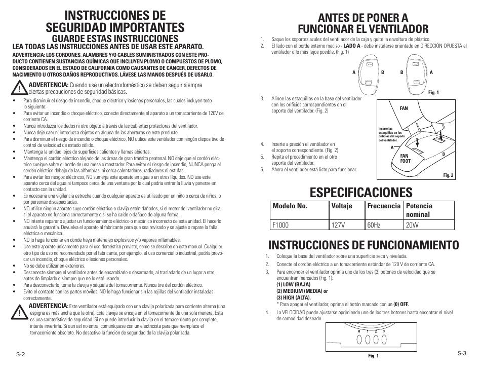 Especificaciones, Instrucciones de seguridad importantes, Instrucciones de funcionamiento | Antes de poner a funcionar el ventilador, Guarde estas instrucciones | Guardian Technologies F1000 User Manual | Page 8 / 9
