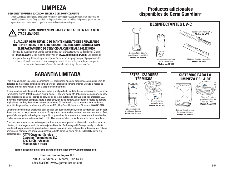 Limpieza, Garantía limitada, Productos adicionales disponibles de germ guardian | Desinfectantes uv-c, Esterilizadores térmicos, Sistemas para la limpieza del aire | Guardian Technologies F1000 User Manual | Page 9 / 9