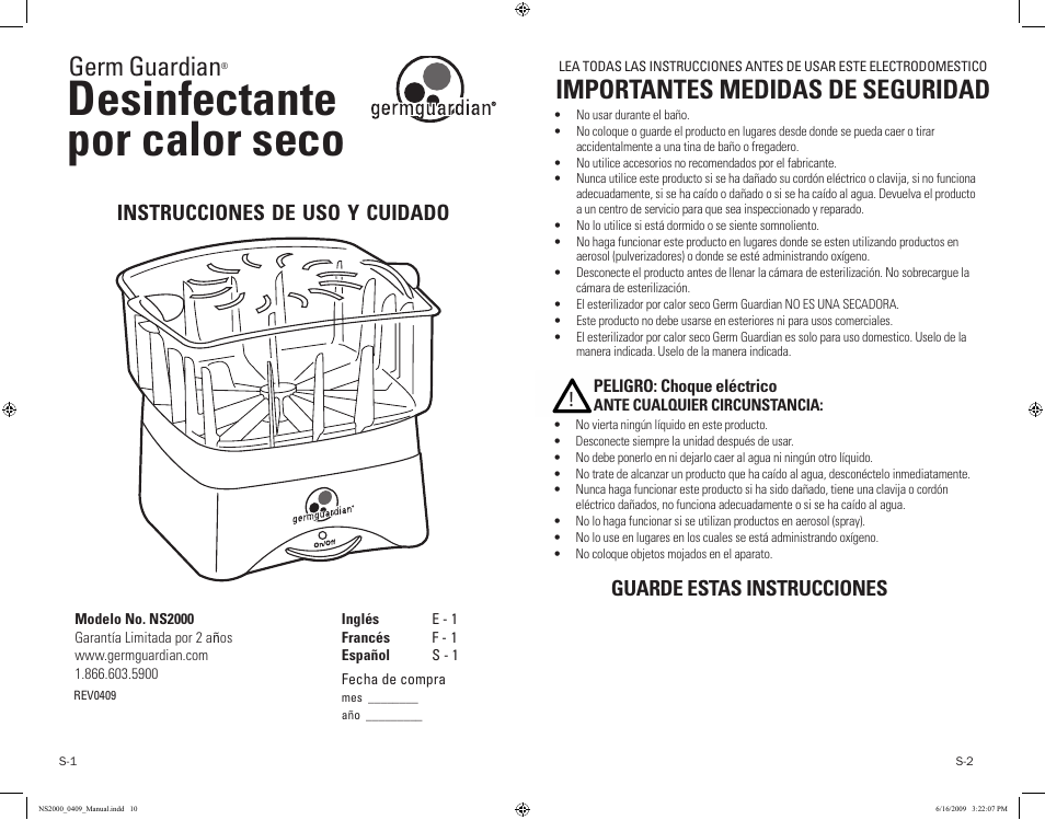 Desinfectante por calor seco, Importantes medidas de seguridad, Germ guardian | Guarde estas instrucciones, Instrucciones, Cuidado | Guardian Technologies NS2000 User Manual | Page 10 / 14