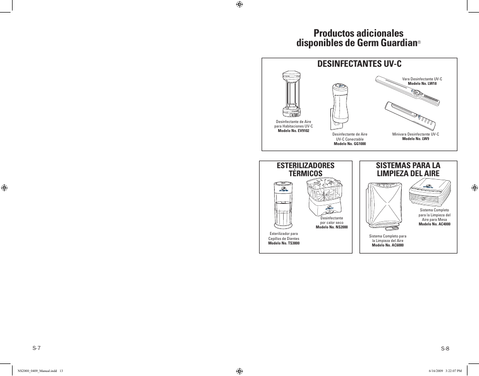 Productos adicionales disponibles de germ guardian, Desinfectantes uv-c, Sistemas para la limpieza del aire | Esterilizadores térmicos | Guardian Technologies NS2000 User Manual | Page 13 / 14