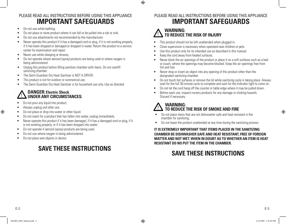 Important safeguards, Save these instructions | Guardian Technologies NS2000 User Manual | Page 2 / 14