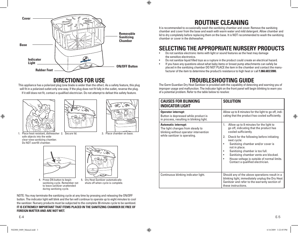 Routine cleaning, Directions for use, Selecting the appropriate nursery products | Troubleshooting guide, On/off | Guardian Technologies NS2000 User Manual | Page 3 / 14