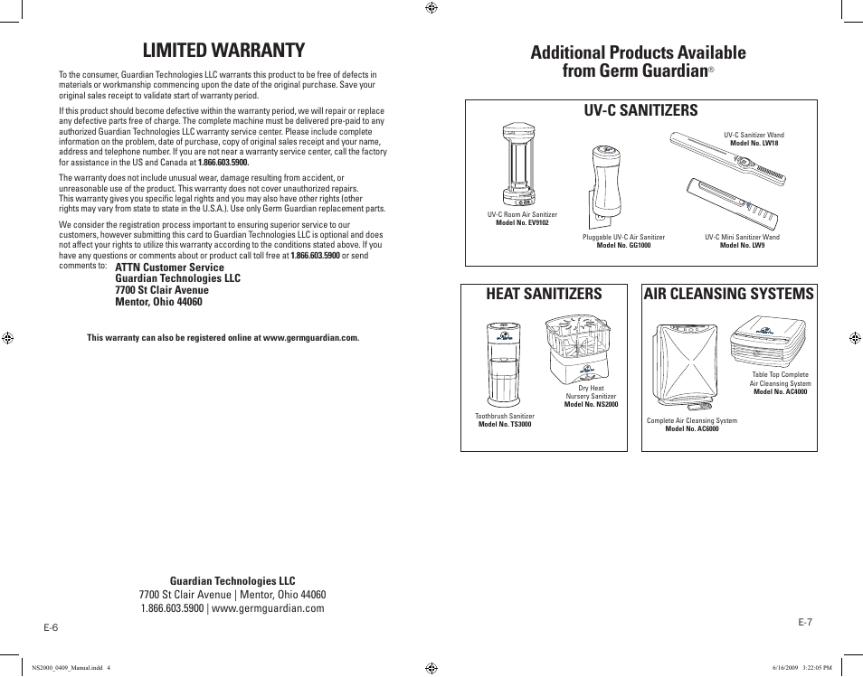 Limited warranty, Additional products available from germ guardian, Heat sanitizers | Air cleansing systems uv-c sanitizers | Guardian Technologies NS2000 User Manual | Page 4 / 14