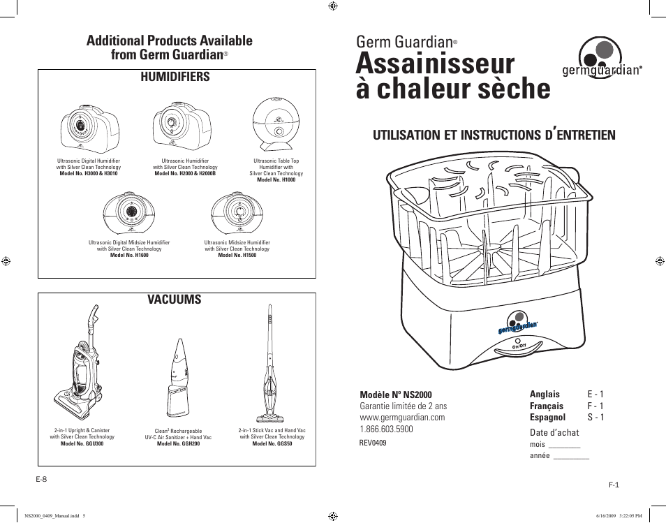 Assainisseur à chaleur sèche, Germ guardian, Additional products available from germ guardian | Utilisation, Instructions, Entretien, Humidifiers vacuums | Guardian Technologies NS2000 User Manual | Page 5 / 14