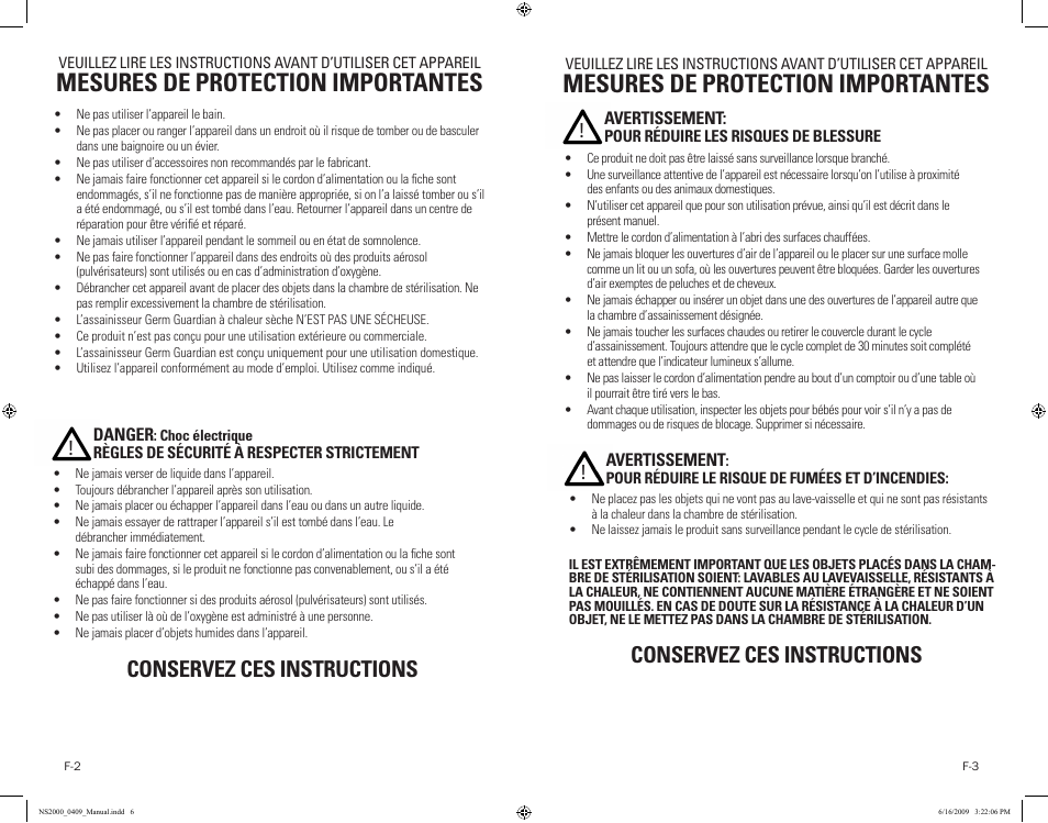 Mesures de protection importantes, Conservez ces instructions | Guardian Technologies NS2000 User Manual | Page 6 / 14