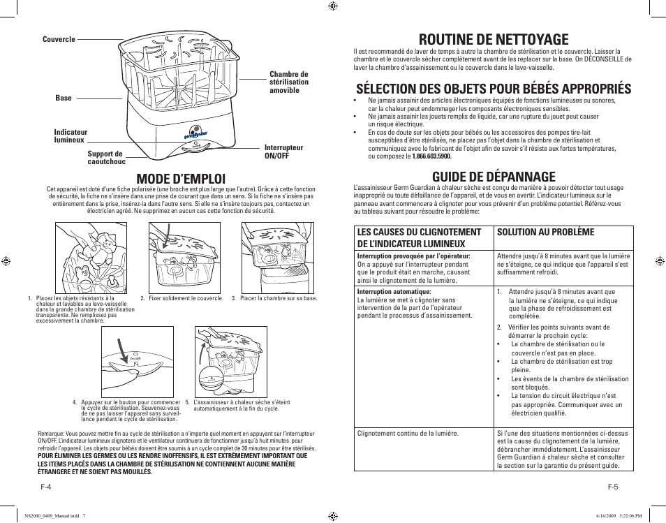 Routine de nettoyage, Mode d’emploi, Sélection des objets pour bébés appropriés | Guide de dépannage, On/off | Guardian Technologies NS2000 User Manual | Page 7 / 14