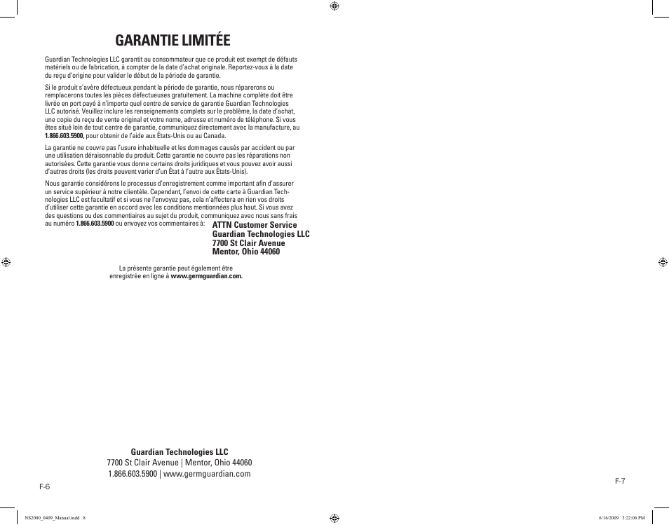 Garantie limitée | Guardian Technologies NS2000 User Manual | Page 8 / 14