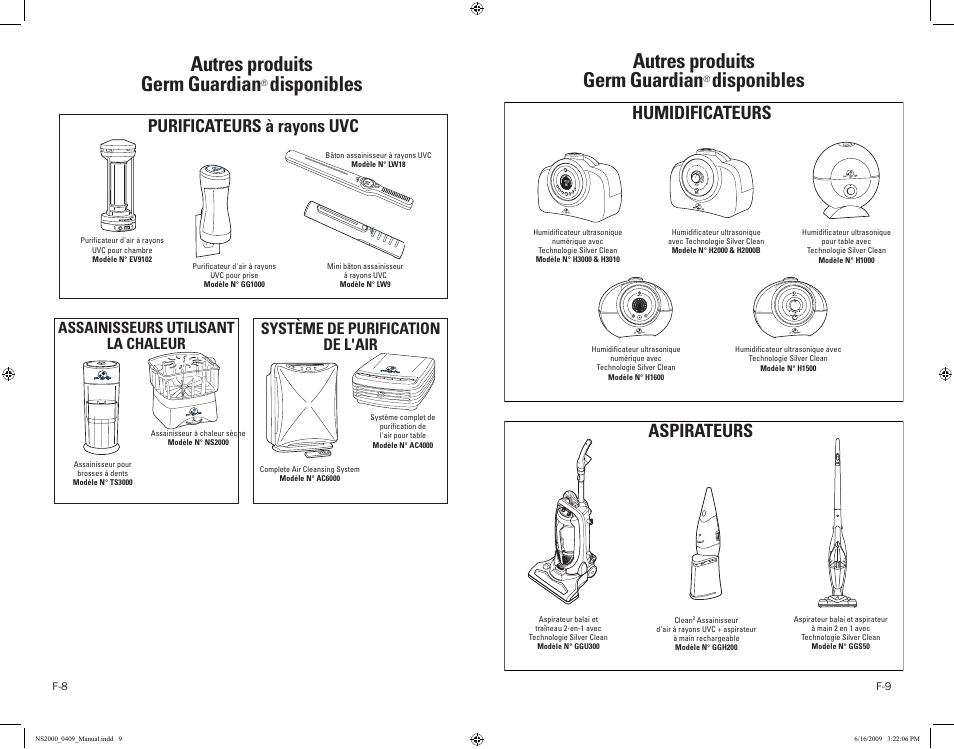 Autres produits germ guardian, Disponibles, Humidificateurs aspirateurs | Purificateurs à rayons uvc, Système de purification de l'air, Assainisseurs utilisant la chaleur, Power spray control cool/warm hi refill | Guardian Technologies NS2000 User Manual | Page 9 / 14