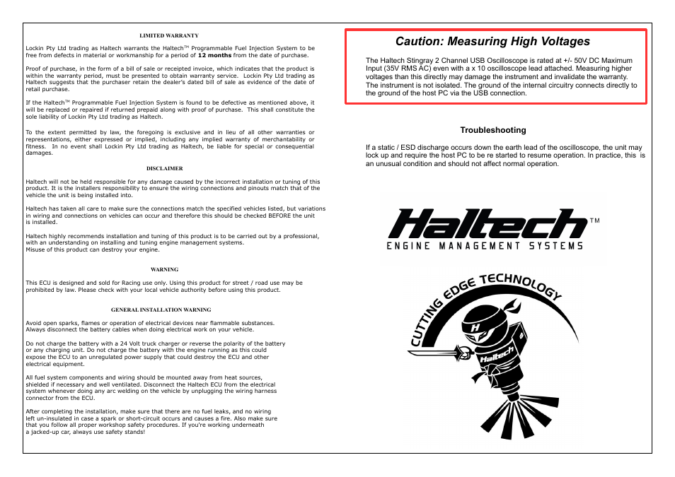 Caution: measuring high voltages, Troubleshooting | Haltech HT070202 User Manual | Page 2 / 8