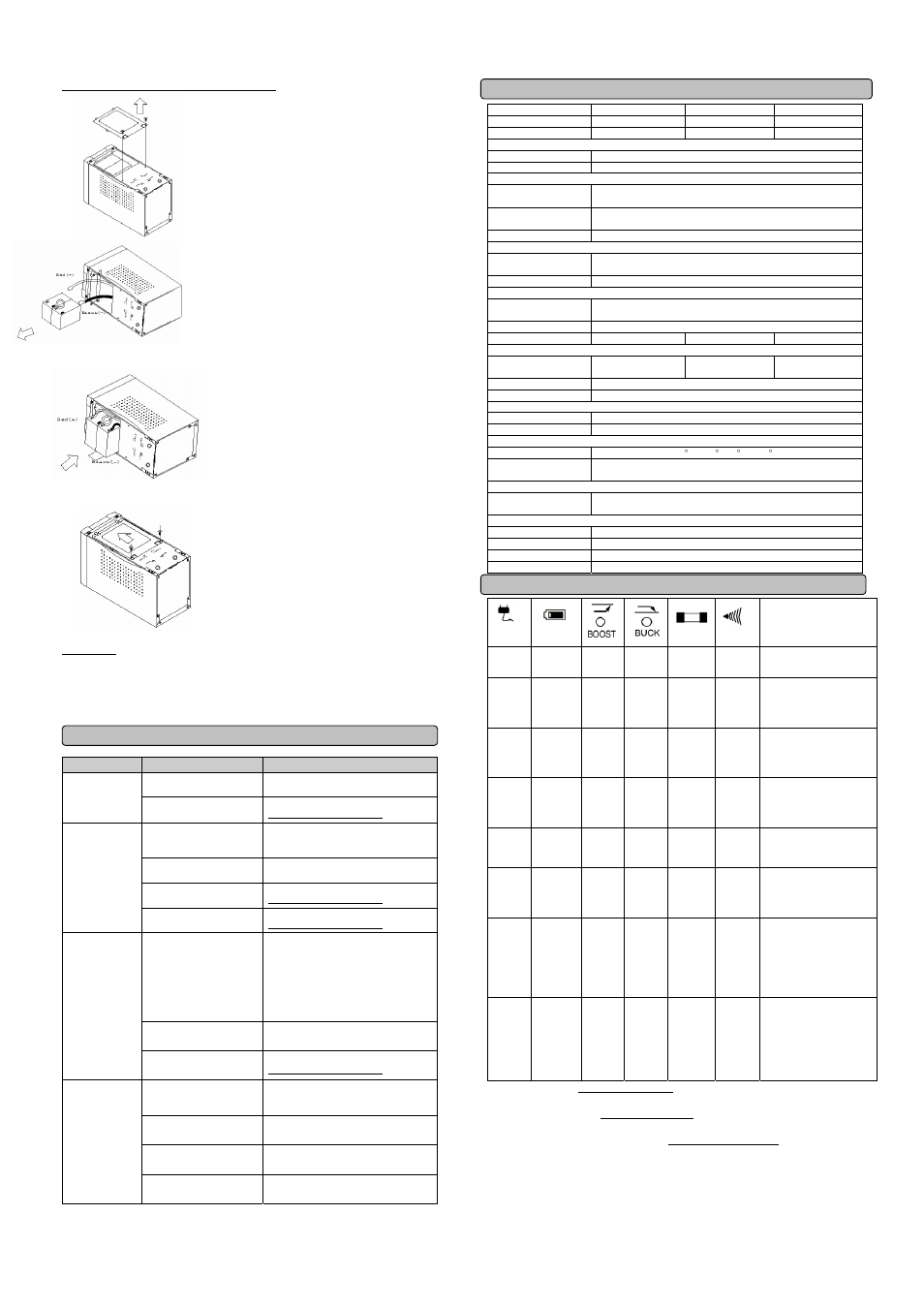 Battery replacement procedure, Storage, Technical specifications | Definitions for illuminated led indicators | CyberPower Systems Professional Tower UPS PP800E User Manual | Page 2 / 2