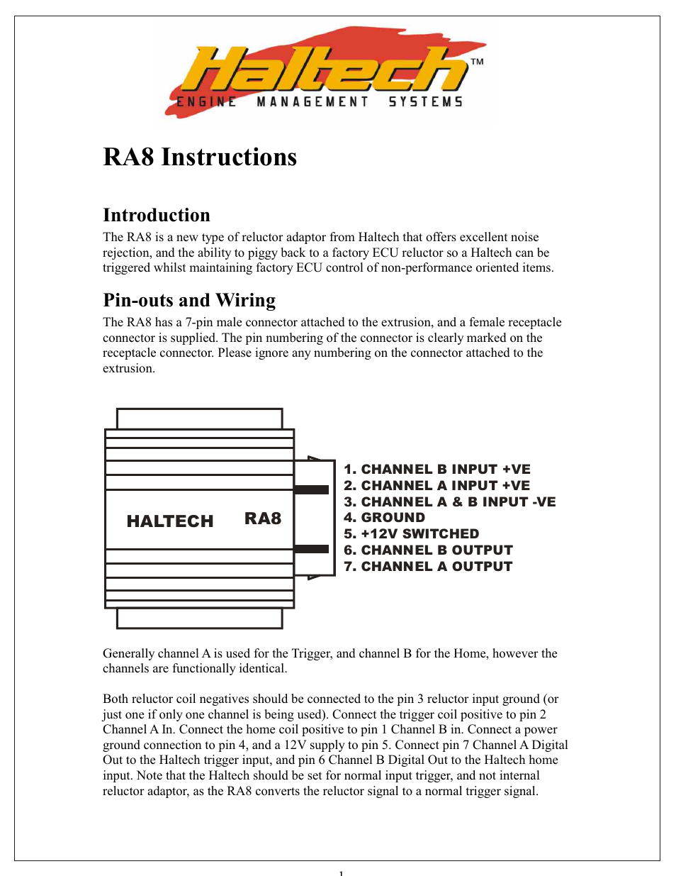 Haltech RA8 User Manual | 2 pages