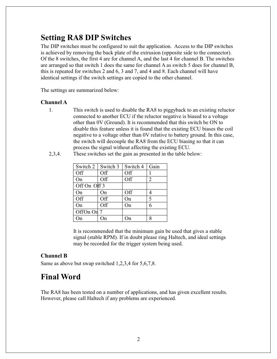 Setting ra8 dip switches, Final word | Haltech RA8 User Manual | Page 2 / 2