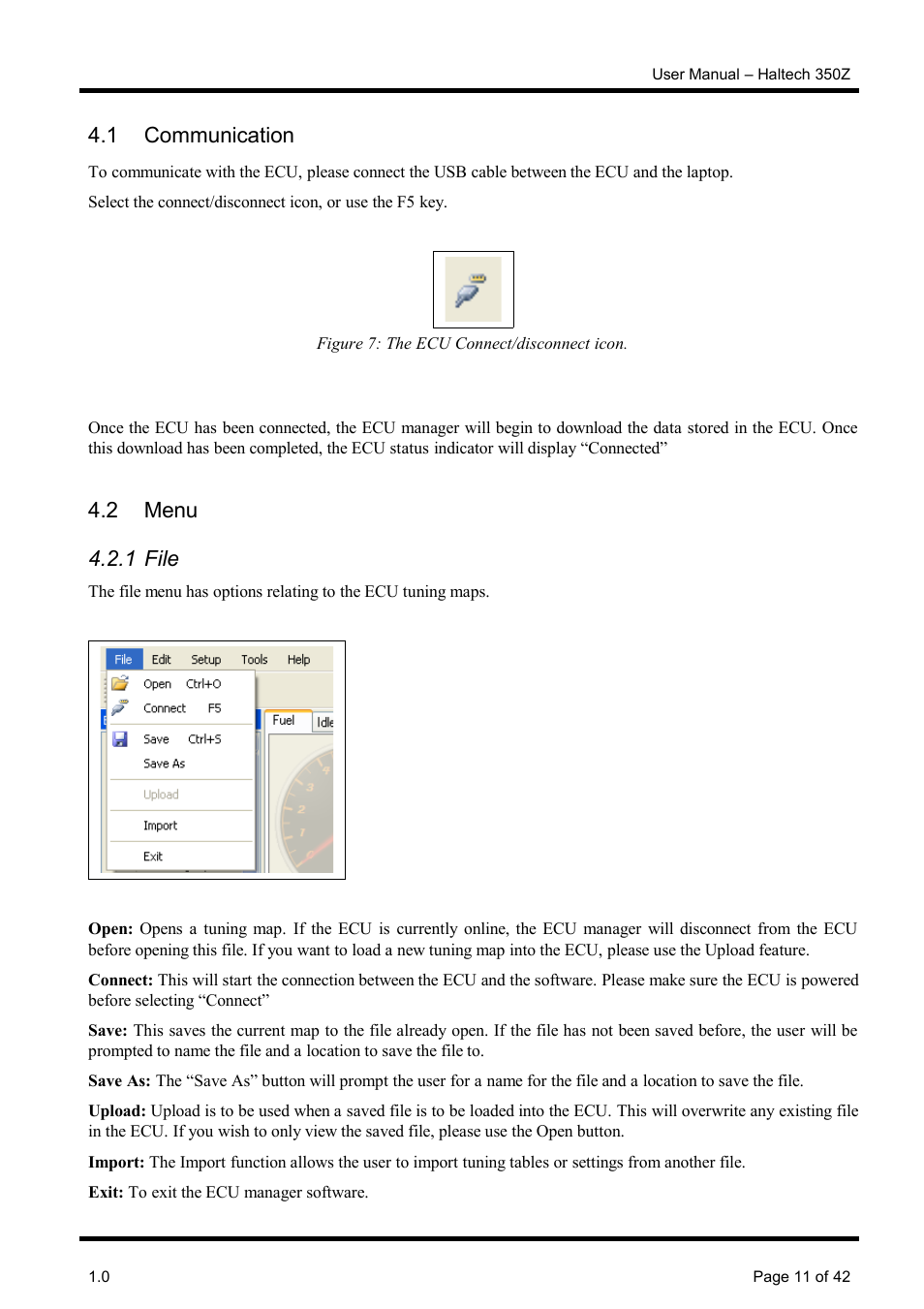 1 communication, 2 menu, 1 file | 2 communication, 3 menu, 2 menu 4.2.1 file | Haltech Platinum Pro 350z User Manual | Page 11 / 42