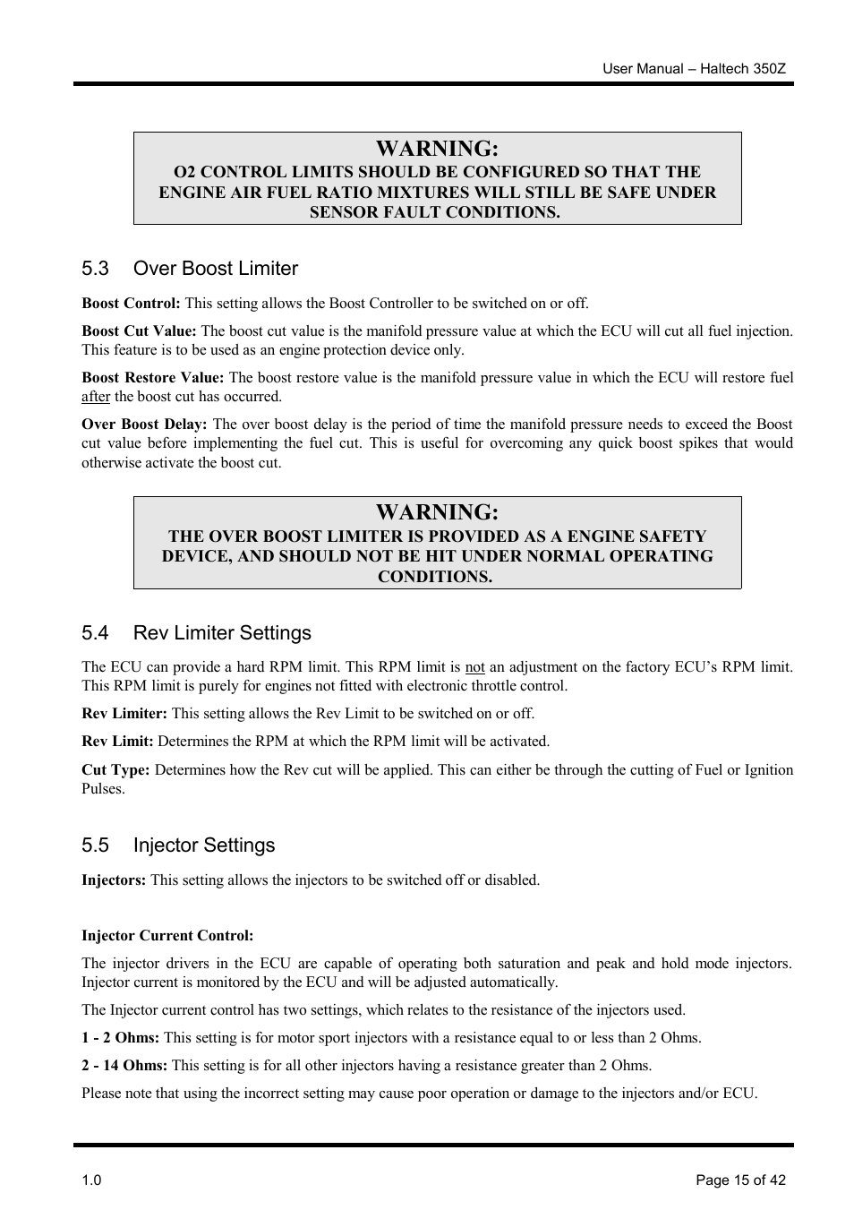 3 over boost limiter, 4 rev limiter settings, 5 injector settings | Warning | Haltech Platinum Pro 350z User Manual | Page 15 / 42