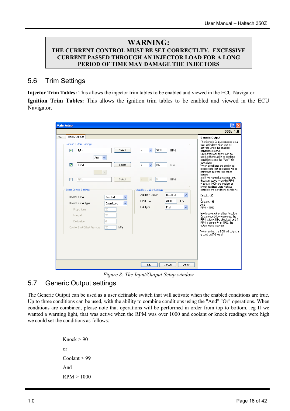 6 trim settings, 7 generic output settings, Warning | Haltech Platinum Pro 350z User Manual | Page 16 / 42