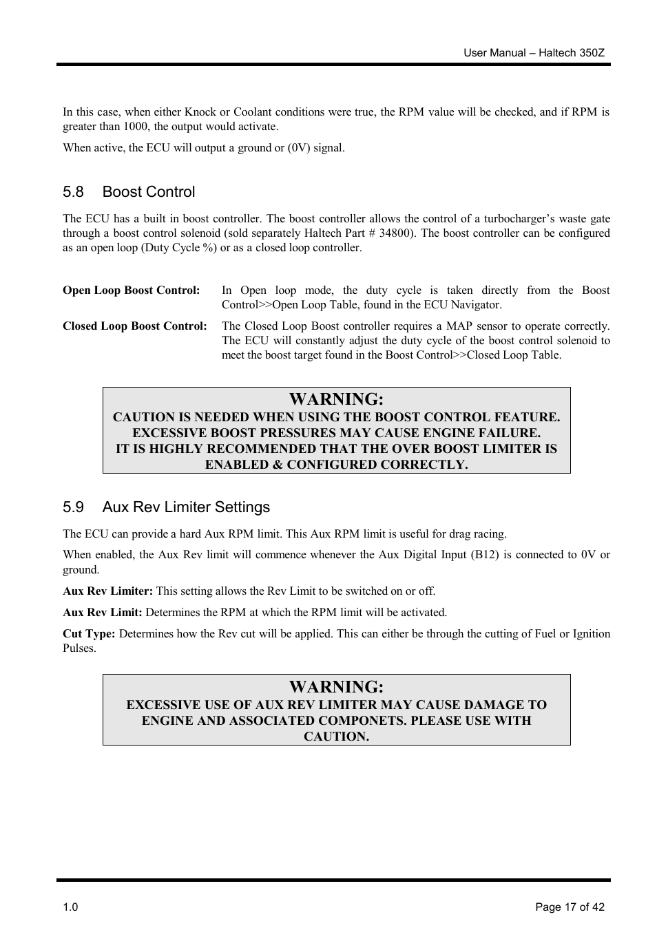 8 boost control, 9 aux rev limiter settings, Warning | Haltech Platinum Pro 350z User Manual | Page 17 / 42