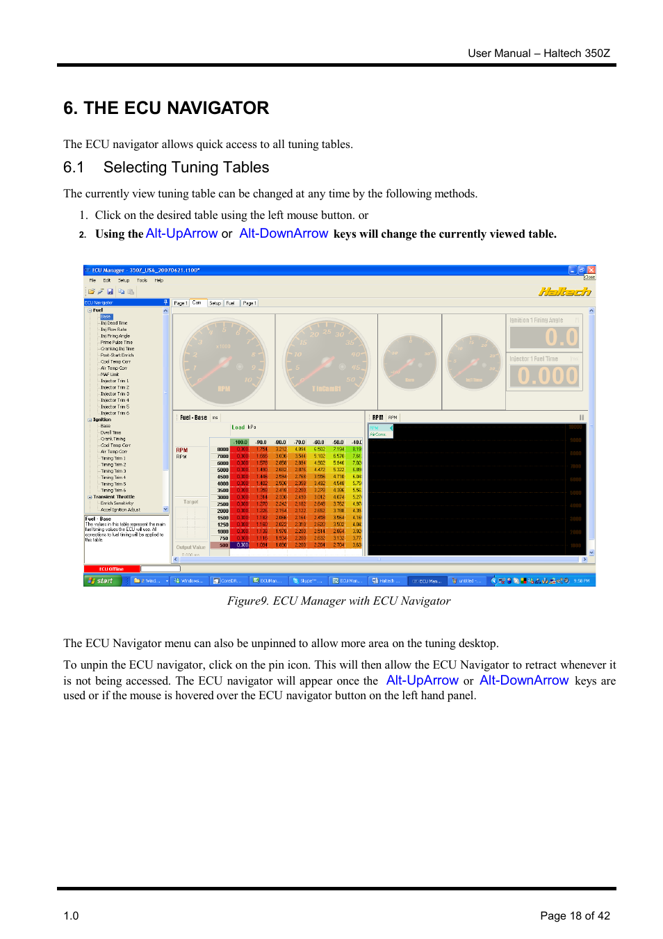 The ecu navigator, 1 selecting tuning tables, 10 selecting tuning tables | Haltech Platinum Pro 350z User Manual | Page 18 / 42