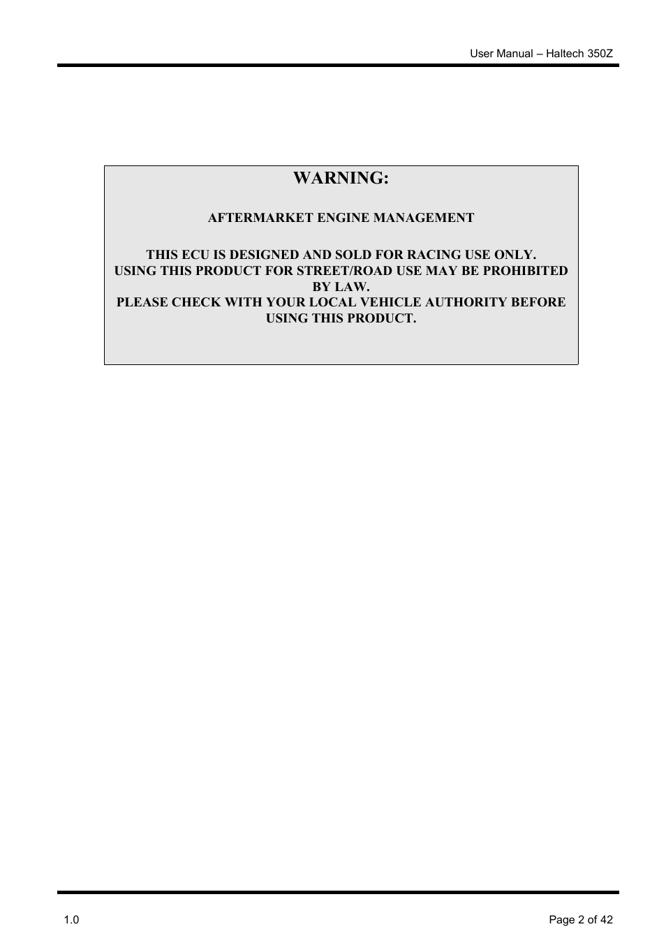 Warning | Haltech Platinum Pro 350z User Manual | Page 2 / 42