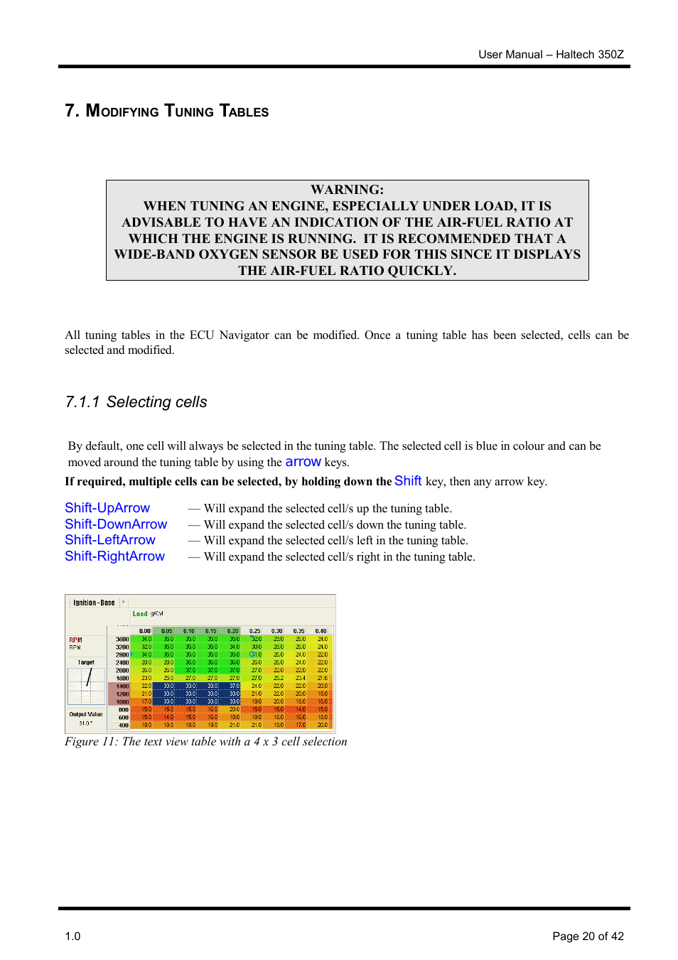 Modifying tuning tables, 1 selecting cells | Haltech Platinum Pro 350z User Manual | Page 20 / 42