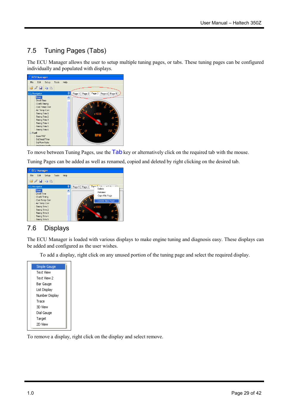 6 displays, 5 tuning pages (tabs) | Haltech Platinum Pro 350z User Manual | Page 29 / 42