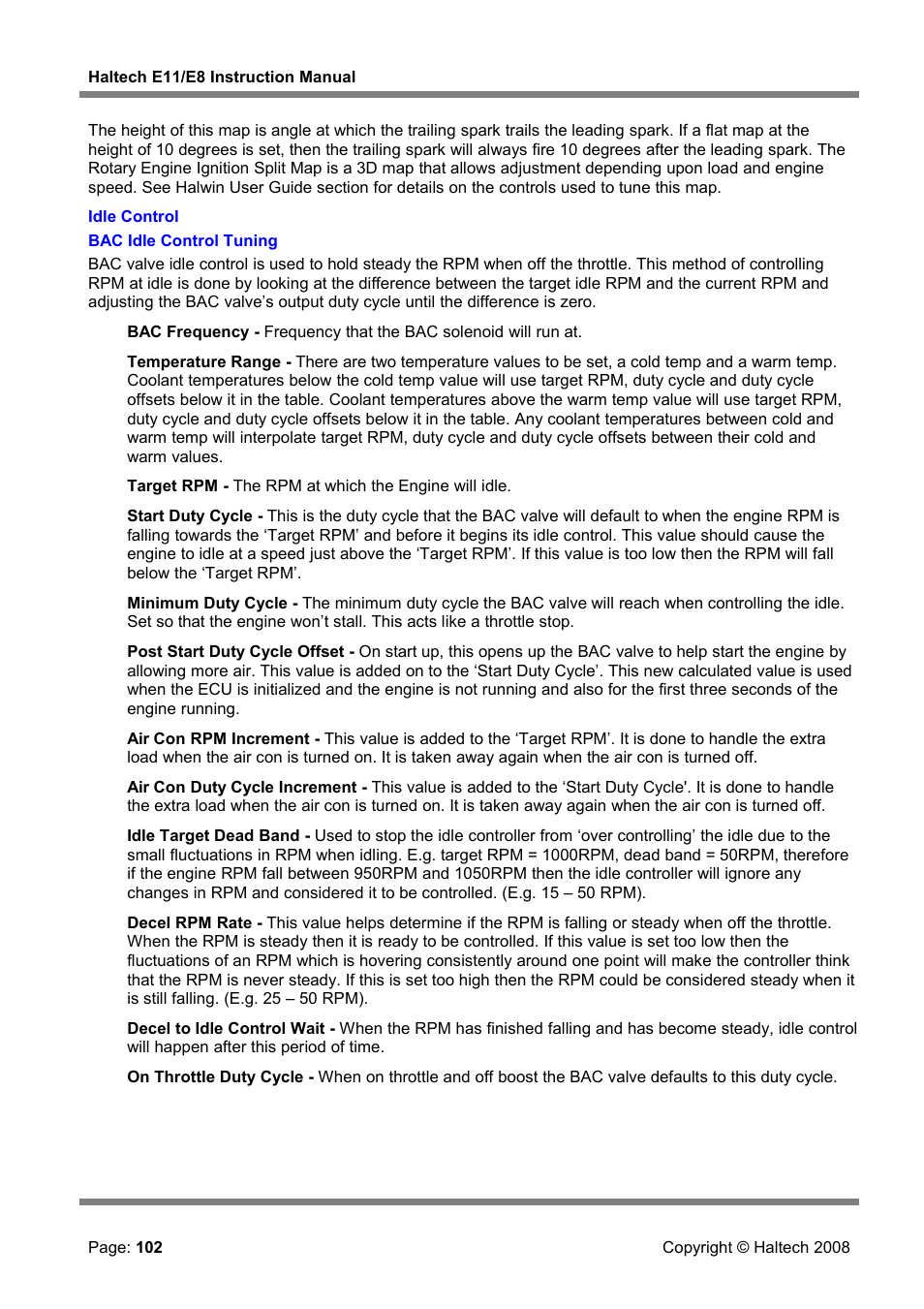 Idle control, Bac idle control tuning | Haltech E8 User Manual | Page 102 / 177
