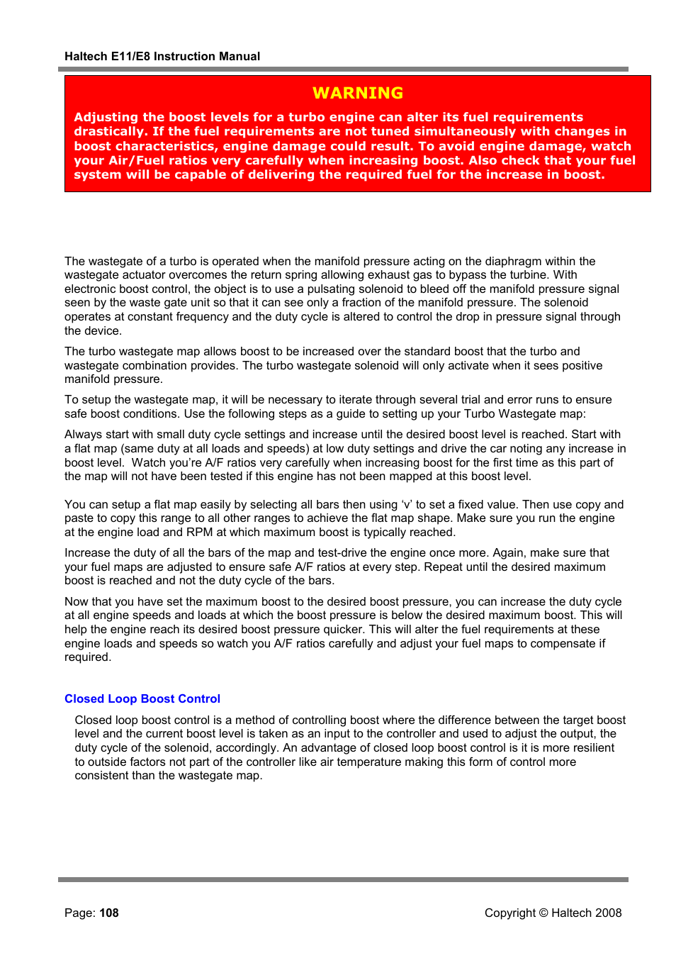 Closed loop boost control, Warning | Haltech E8 User Manual | Page 108 / 177