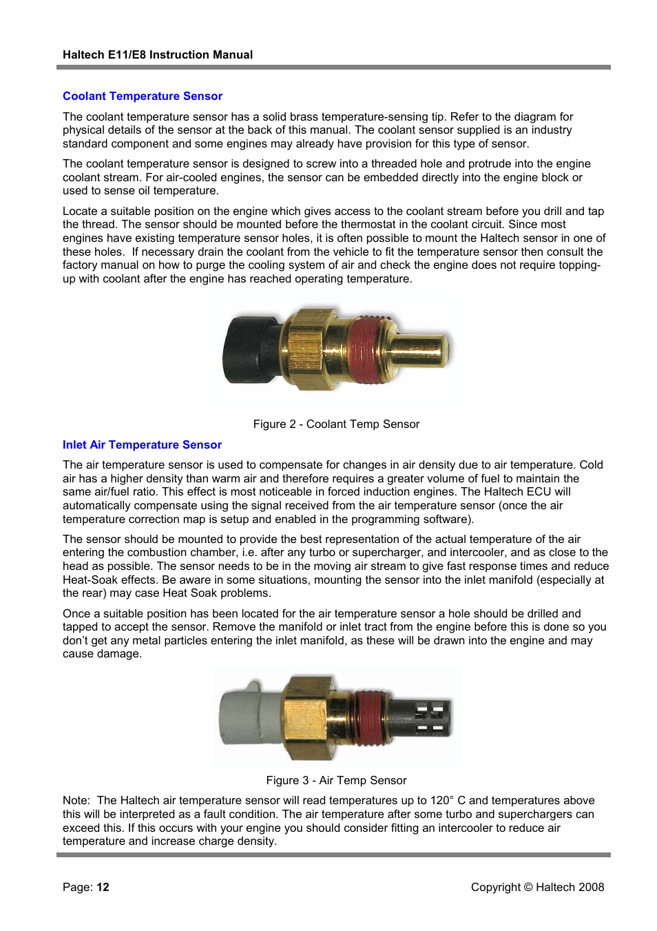 Coolant temperature sensor, Inlet air temperature sensor | Haltech E8 User Manual | Page 12 / 177