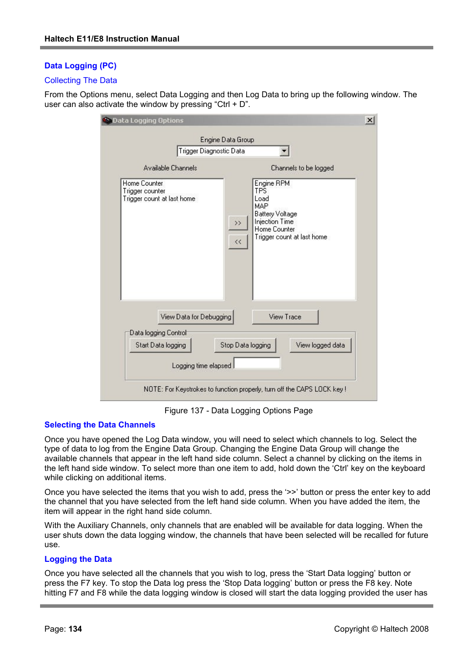 Data logging (pc) | Haltech E8 User Manual | Page 134 / 177